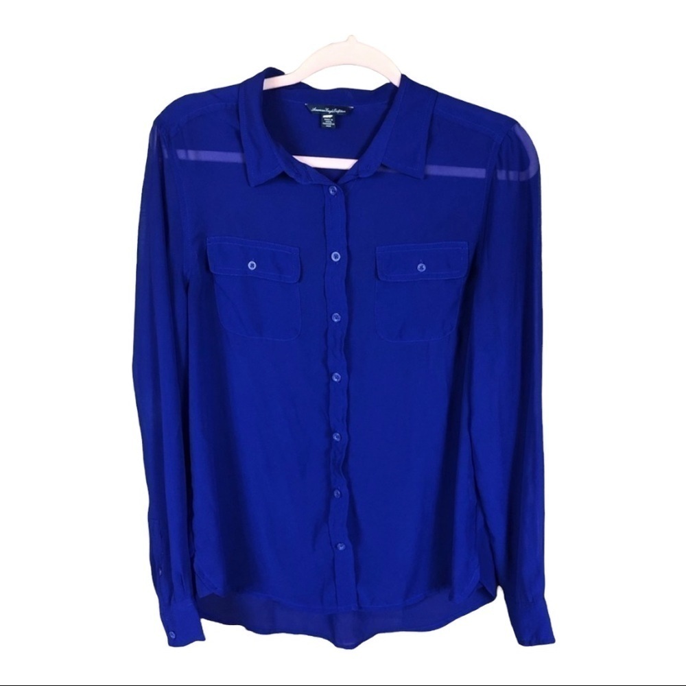 American Eagle Outfitters Royal Blue Chiffon‎ Button Down Shirt Womens Medium